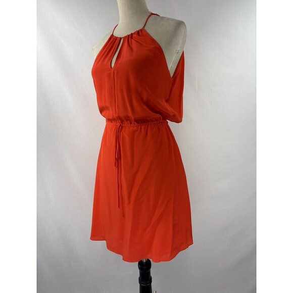 Rebecca Taylor Halter Mini Dress Bright Red Orange 2 Strappy Keyhole Neckline - Picture 3 of 13